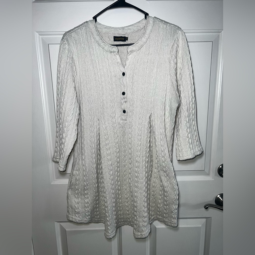 Reborn Cream/Ivory Cable Knit Swing Lagenlook Boho Tunic w/3/4 Sleeves XL‎